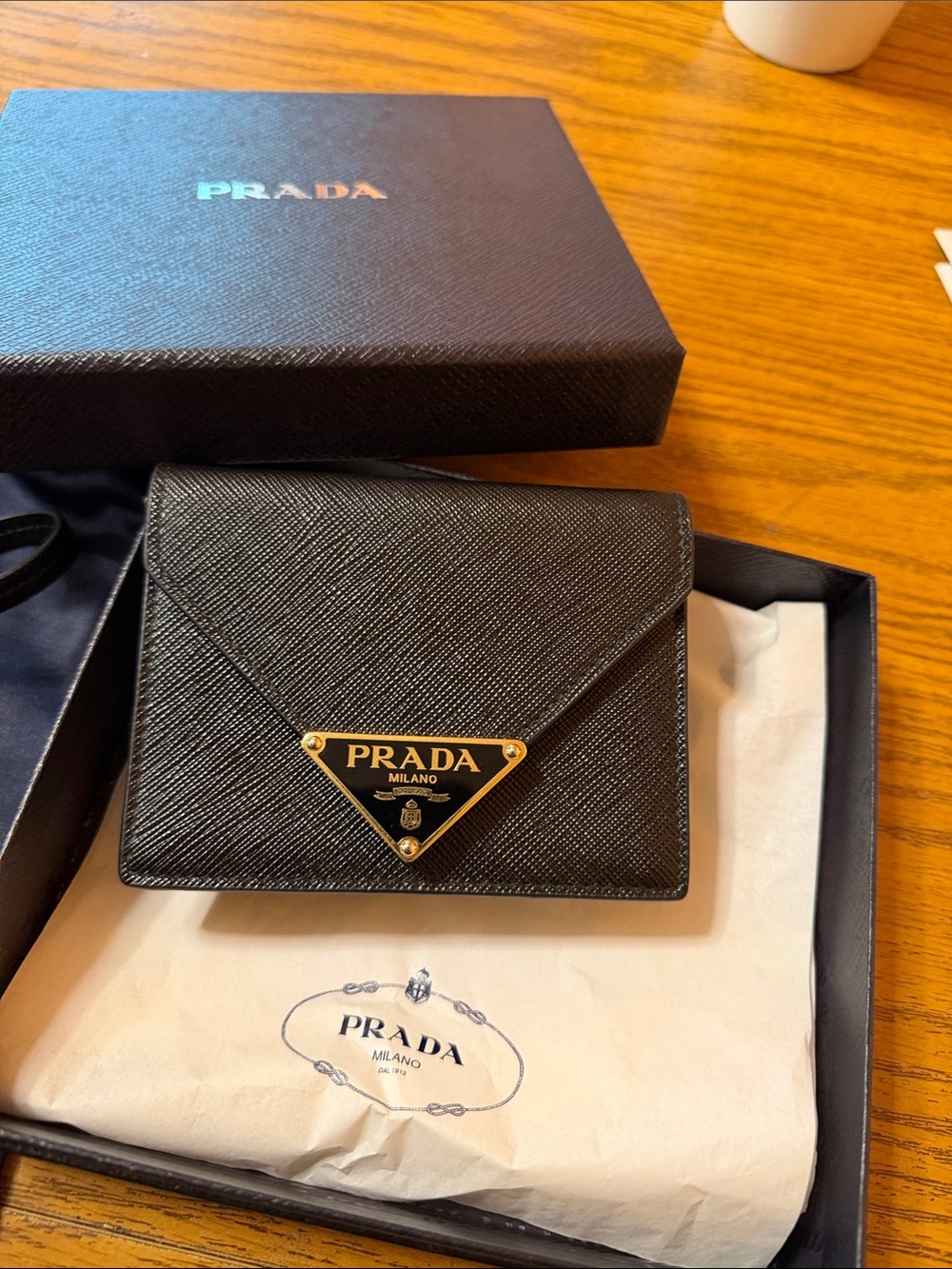 Prada Black Leather Crossbody Wallet with Gold Logo card holder on chain so cute - Picture 10 of 11
